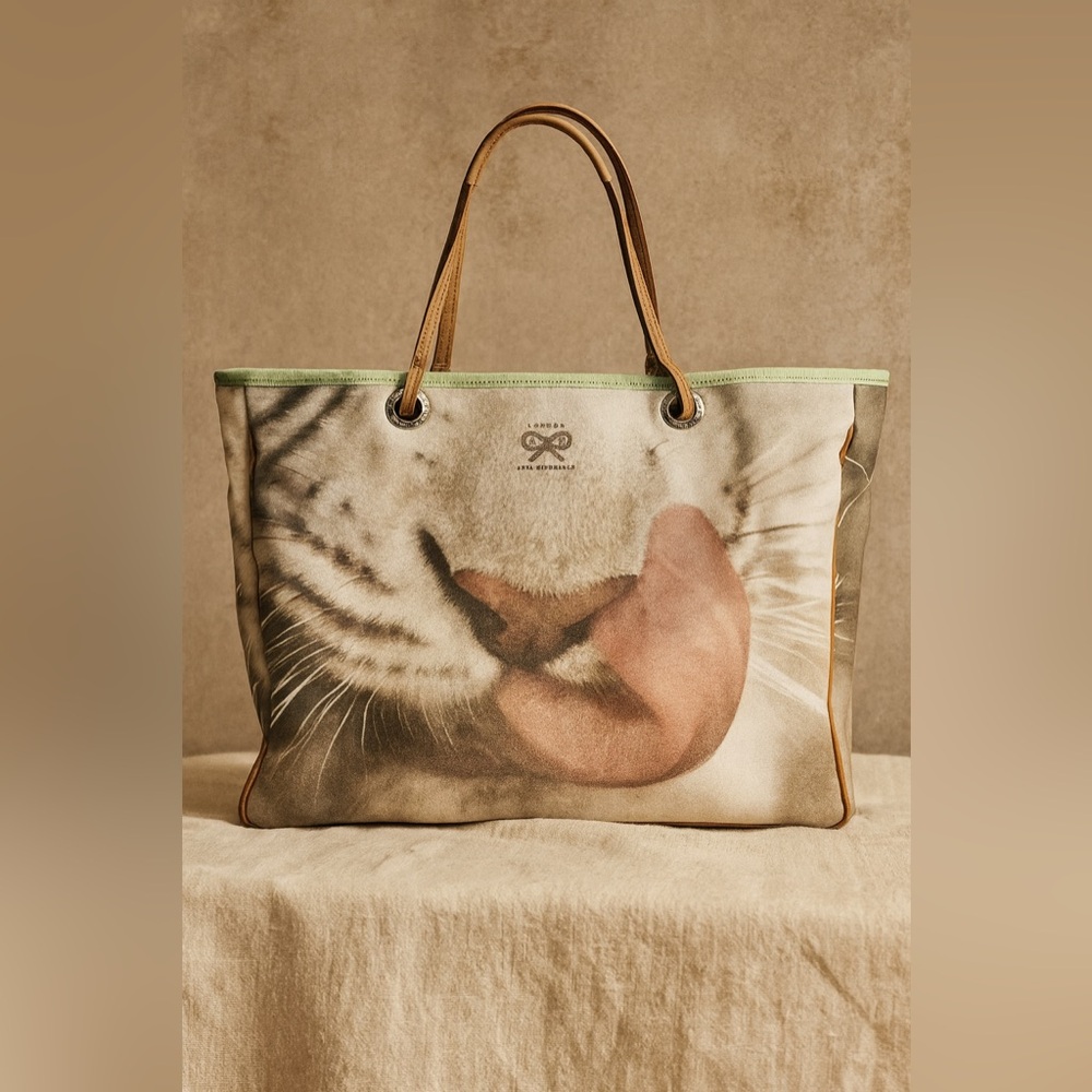 Anya Hindmarch Beige Tiger Print Canvas Tote with Tan Leather Handles